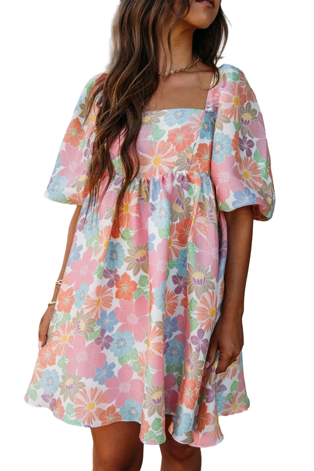 Women's Pink Summer Floral Square Neck Puff Sleeve Babydoll Dress | Walmart (US)