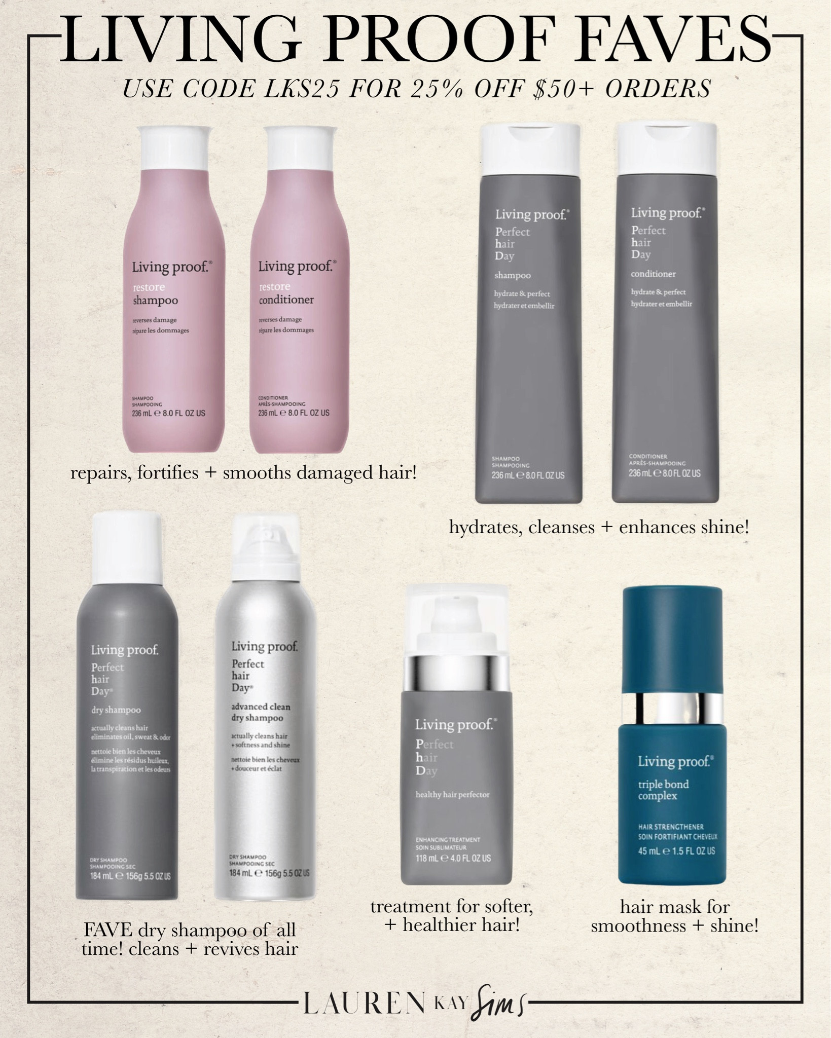 Living proof faves!  use code LKS25 for 25% off orders $50! get a free full size original dry shampoo when you spend $75, a free jumbo size original dry shampoo when you spend $100! 

* All orders $50+ (after discount is applied + before taxes) receive free shipping.