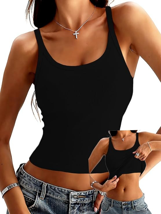 Danysu Women's Tank Tops with Bulit in Bras Scoop Neck Ribbed Fitted Knit Crop Halter Tops Spaghe... | Amazon (US)