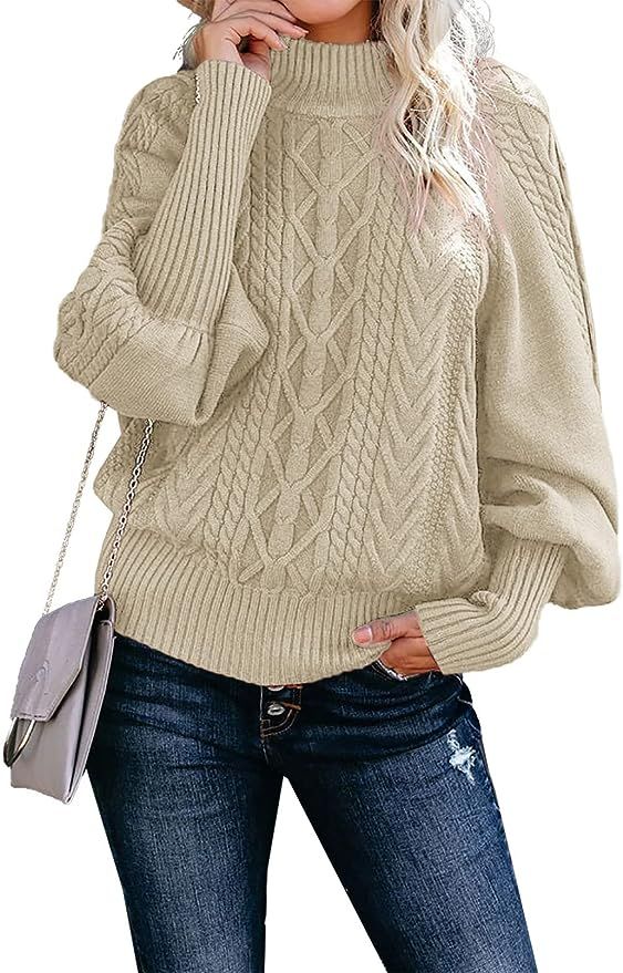 Dokotoo Womens Winter Casual Long Sleeve Solid Color Cable Knit Balloon Sleeve Mock Neck Sweater | Amazon (US)