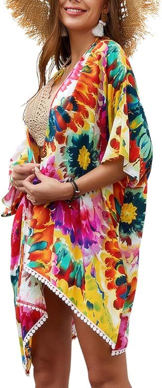 Women's Beach Swimsuit Cover Up Cardigan - Coverup Kimono Bohemian Floral Print | Amazon (US)