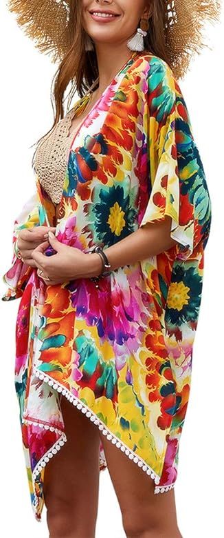 Women's Beach Swimsuit Cover Up Cardigan - Coverup Kimono Bohemian Floral Print | Amazon (US)