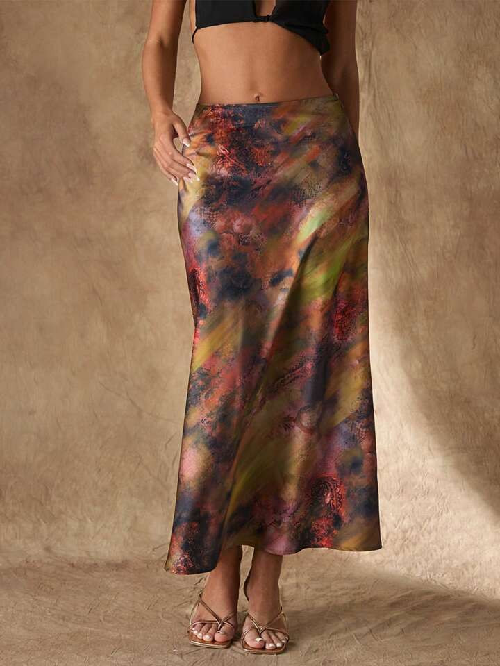 Glamine Women's Satin Printed A-Line Skirt, Elegant And Versatile,Long Skirt,Skirts For Women, Woman S Summer Clothes,Maxi Skirts For Women | SHEIN