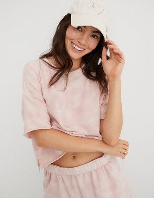 Aerie Sunset Terry Fleece Cropped Short Sleeve Sweatshirt | American Eagle Outfitters (US & CA)