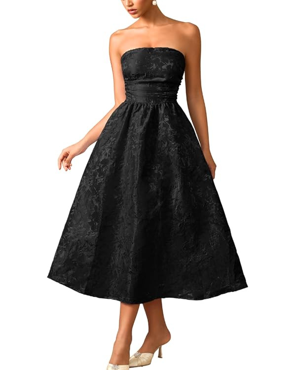 ShawGobow Strapless Corset Dress,Jacquard Formal Midi Dresses for Women,Wedding Guest Cocktail Pa... | Amazon (US)