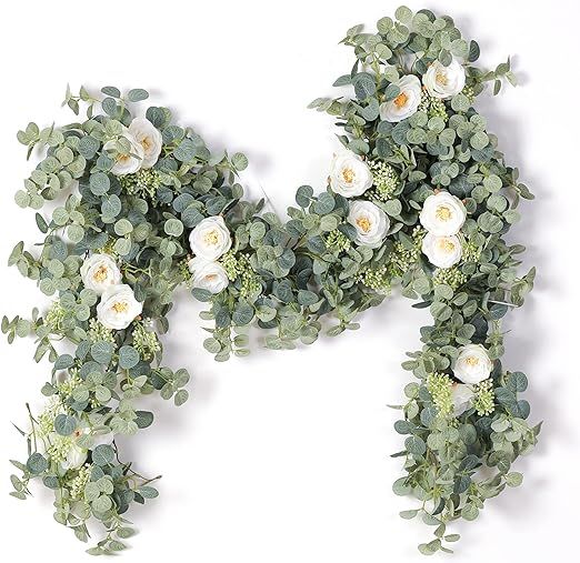 PARTY JOY 6.56ft Eucalyptus Garland with Flowers-8 White Roses, Artificial Fake Flowers Greenery ... | Amazon (US)