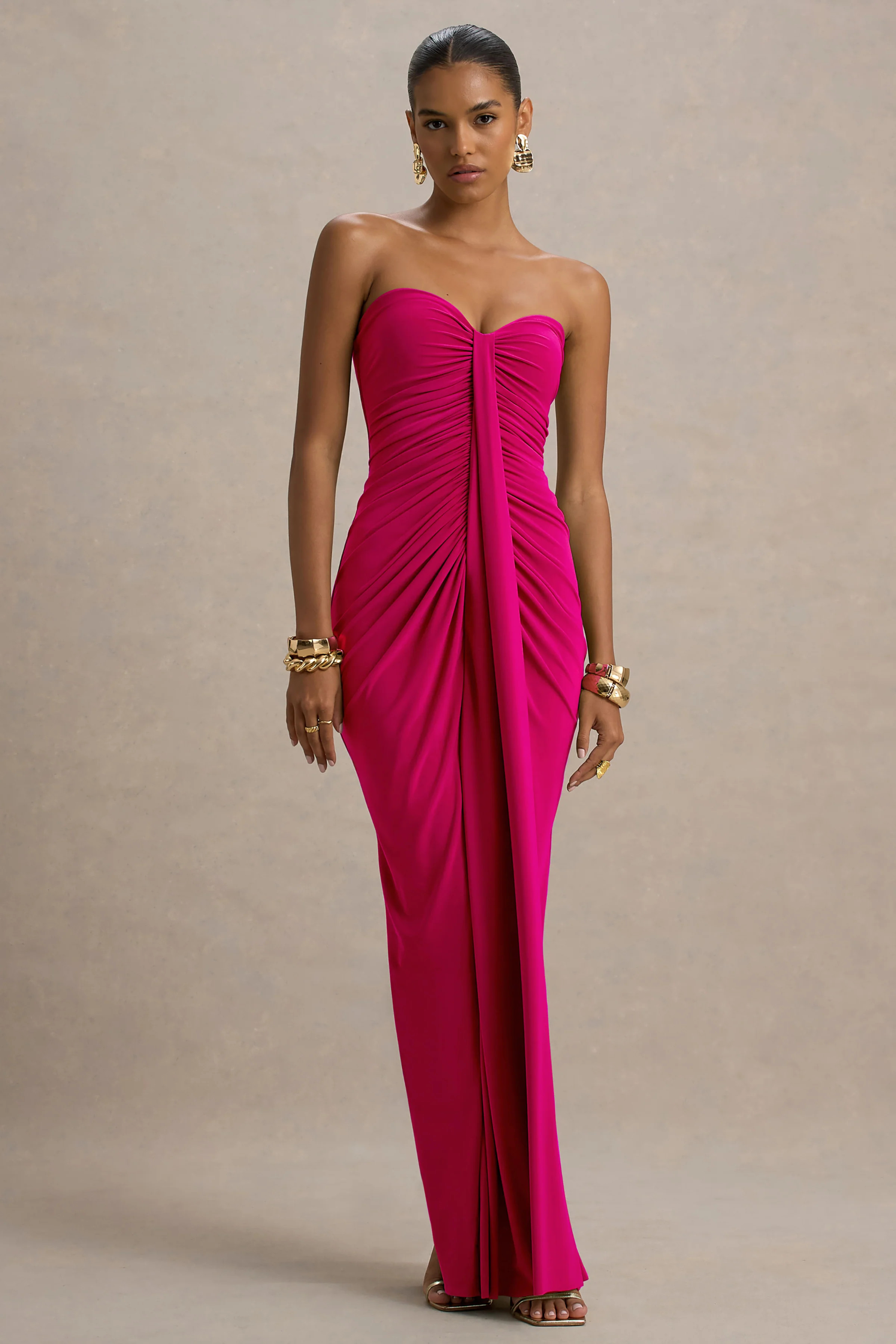 Ali | Hot Pink Sweetheart Ruched Wrap Maxi Dress | Club L London