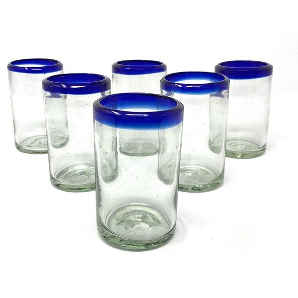 Dos Sueños Hand Blown Mexican Drinking Glasses - 6 Juice Glasses with Cobalt Blue Rims (8 oz Eac... | Walmart (US)