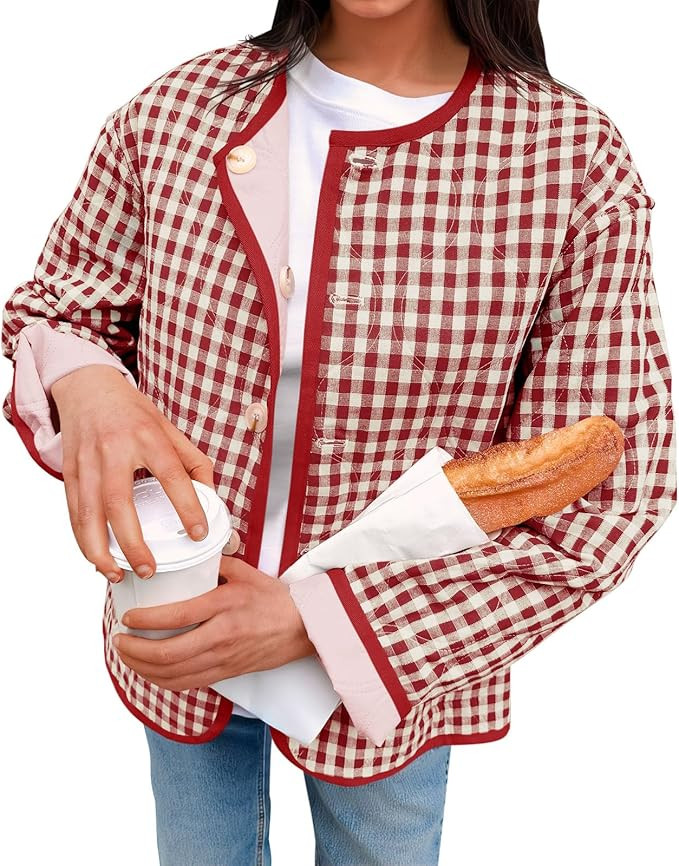 Tankaneo Womens Plaid Quilted Jackets Casual Lightweight Reversible Jacket Button Down Puffer Pad... | Amazon (US)