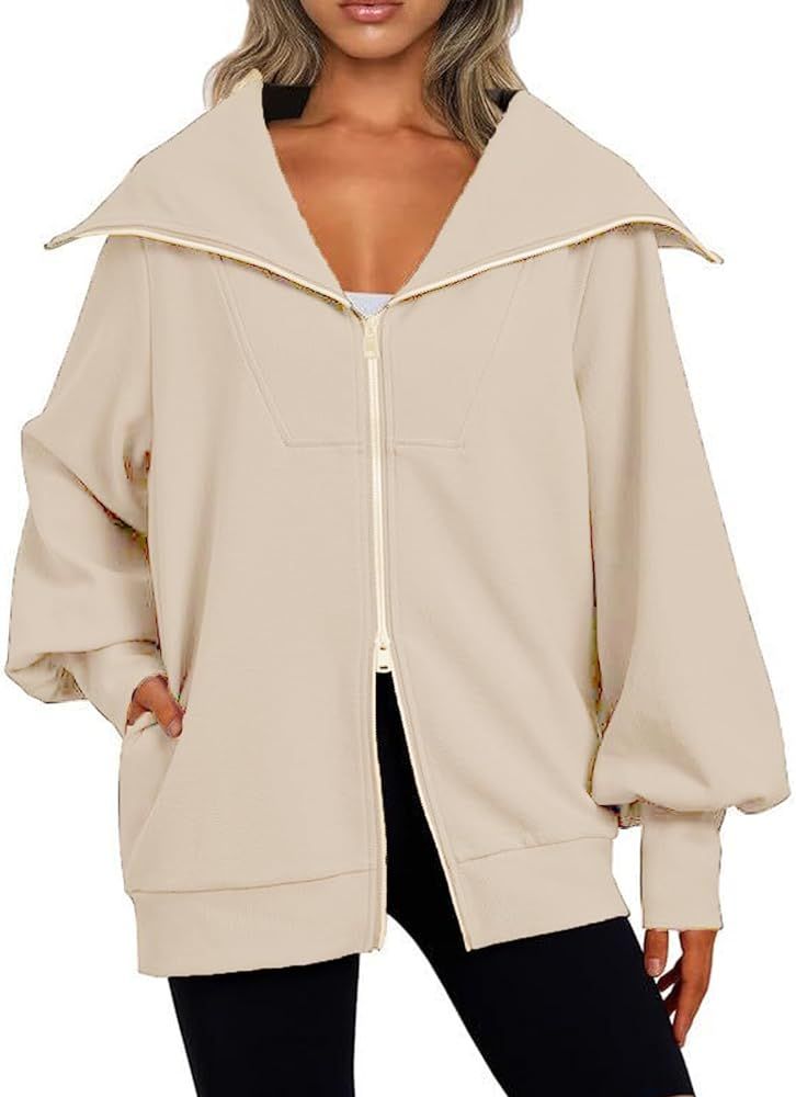 Women’s Oversized Zip Up Sweatshirt Solid Color Casual Loose Hoodies Fall Winter Trendy Pullove... | Amazon (US)