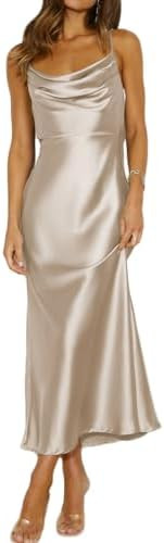 Summer Satin Spaghetti Strap Cowl Neck Backless Midi Dresses for Women Elegant Tie Low Back Ruche... | Amazon (US)
