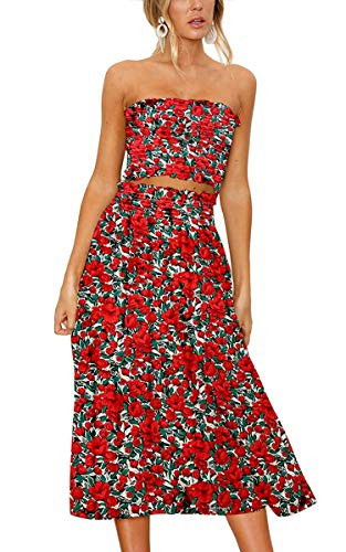 Angashion Women's Floral Crop Top Maxi Skirts Set 2 Piece Outfit Dress 2134 Red L | Amazon (US)