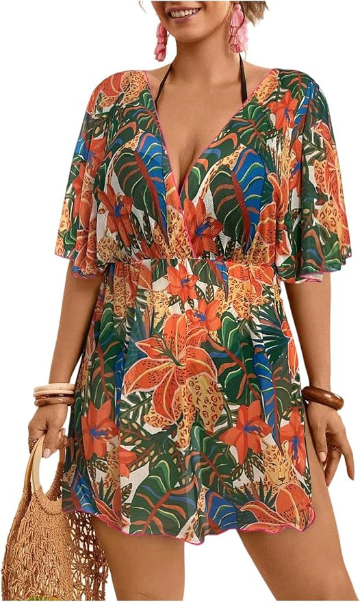 MakeMeChic Women's Plus Size Beach Cover Ups Shirt Dress Floral Half Sleeve V Neck Boho Beach Dre... | Amazon (US)