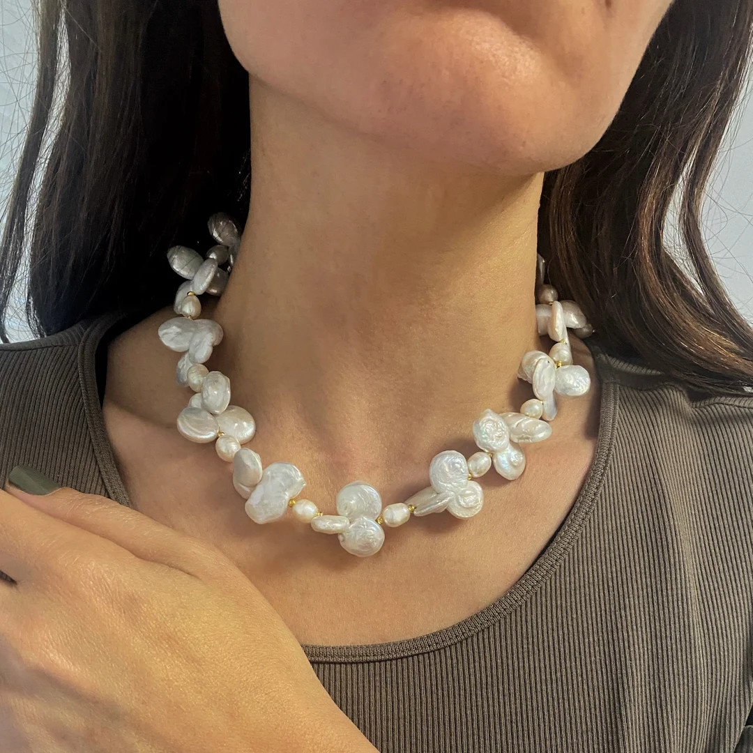 Irregular pearl necklace, bridal jewelry, large pearl necklace, summer wedding gift, freshpearl n... | Etsy (US)