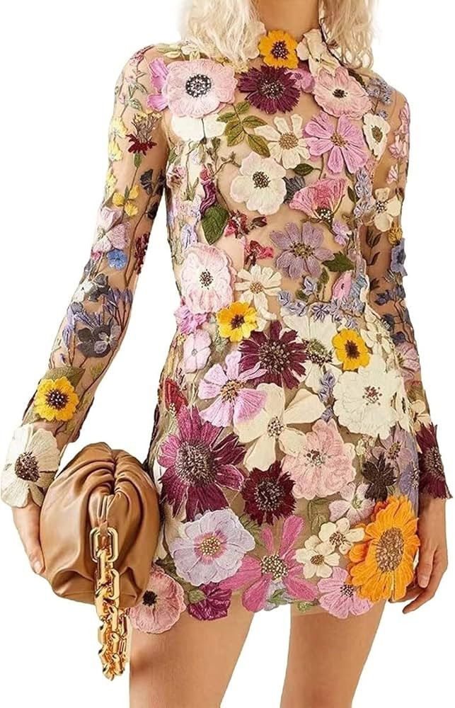 OMUCI Women's 3D Floral Embroidery Dress Sheer Mesh Long Sleeve Round Neck Lace Bodycon Party Coc... | Amazon (US)