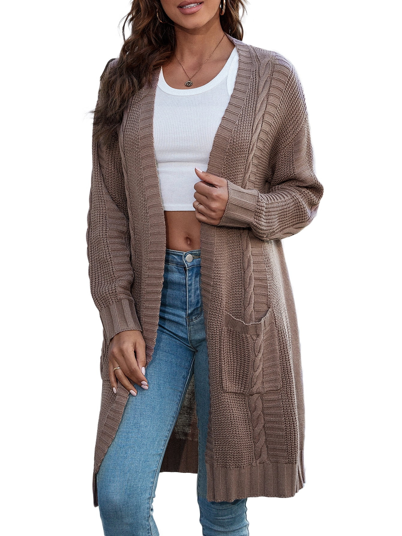 CALIPESSA Drop Shoulder Cable Knit Pocket Patched Casual Long Sleeve Khaki Cardigan For Womens | Walmart (US)