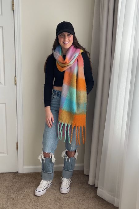 Corduroy baseball cap 
Long sleeve crop tee 
Colorful scarf 
Abercrombie jeans
Platform converse 
Casual outfits winter 2024 


#LTKfindsunder50 #LTKSeasonal #LTKfindsunder100