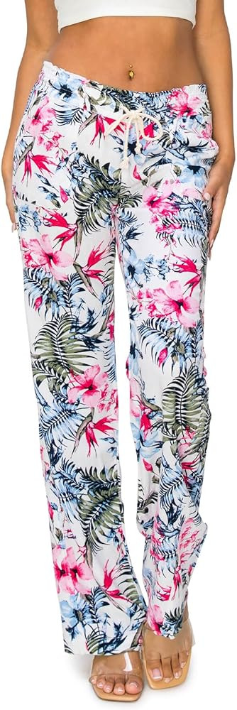 Cali1850 Women's Print Linen Pants - 32" Inseam Oceanside Drawstring Smocked Waist Casual Lounge ... | Amazon (US)
