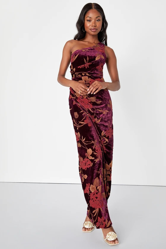 Unreal Awe Burgundy Floral Burnout Velvet One-Shoulder Dress | Lulus
