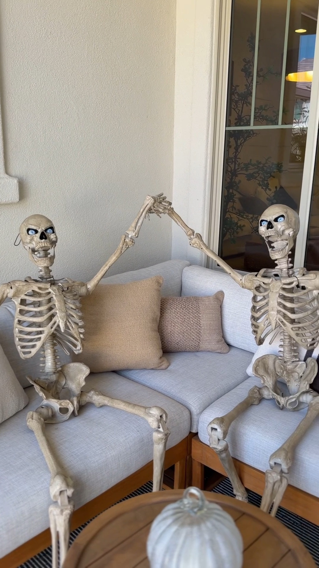 Just two skelly buddies….
What you can’t see is that their eyes light up, and you can pose them in anyway you’d like! 

front patio Halloween decor | outdoor skeleton decor | Home Depot skeletons | skeleton porch display | tasteful Halloween decorating | outdoor Halloween inspiration | modern Halloween porch | spooky front patio ideas | Pottery Barn outdoor pillows | Castlery outdoor furniture | Halloween patio styling | skeletons sitting on a couch | cozy outdoor living space | elevated Halloween decor | neutral fall patio | family-friendly Halloween decor | outdoor fall decorating ideas

#LTKdayinmylife #LTKHome #LTKSeasonal