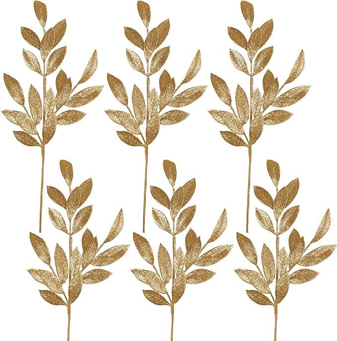 Winlyn 6 Pcs Gold Glittered Artificial Leaf Spray Leaf Picks 24" Tall for Chritsmas ... | Amazon (US)