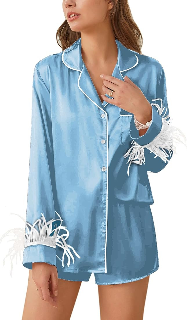 Ekouaer Women's Bridal Feather Trim Silk Satin Pajama Set Long Sleeve Lounge Sets Sleepwear (Remo... | Amazon (US)