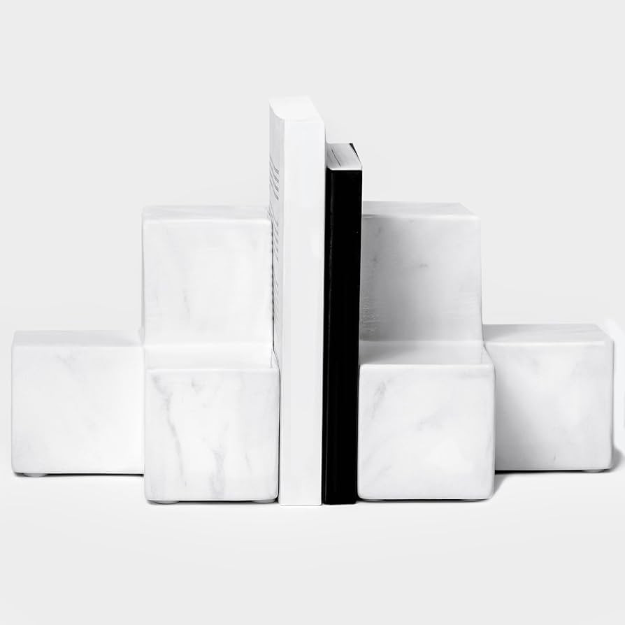 Marble Pattern Style White Ceramic Bookends, Decorative Ceramic Book Ends for Shelves, Marble Pat... | Amazon (US)