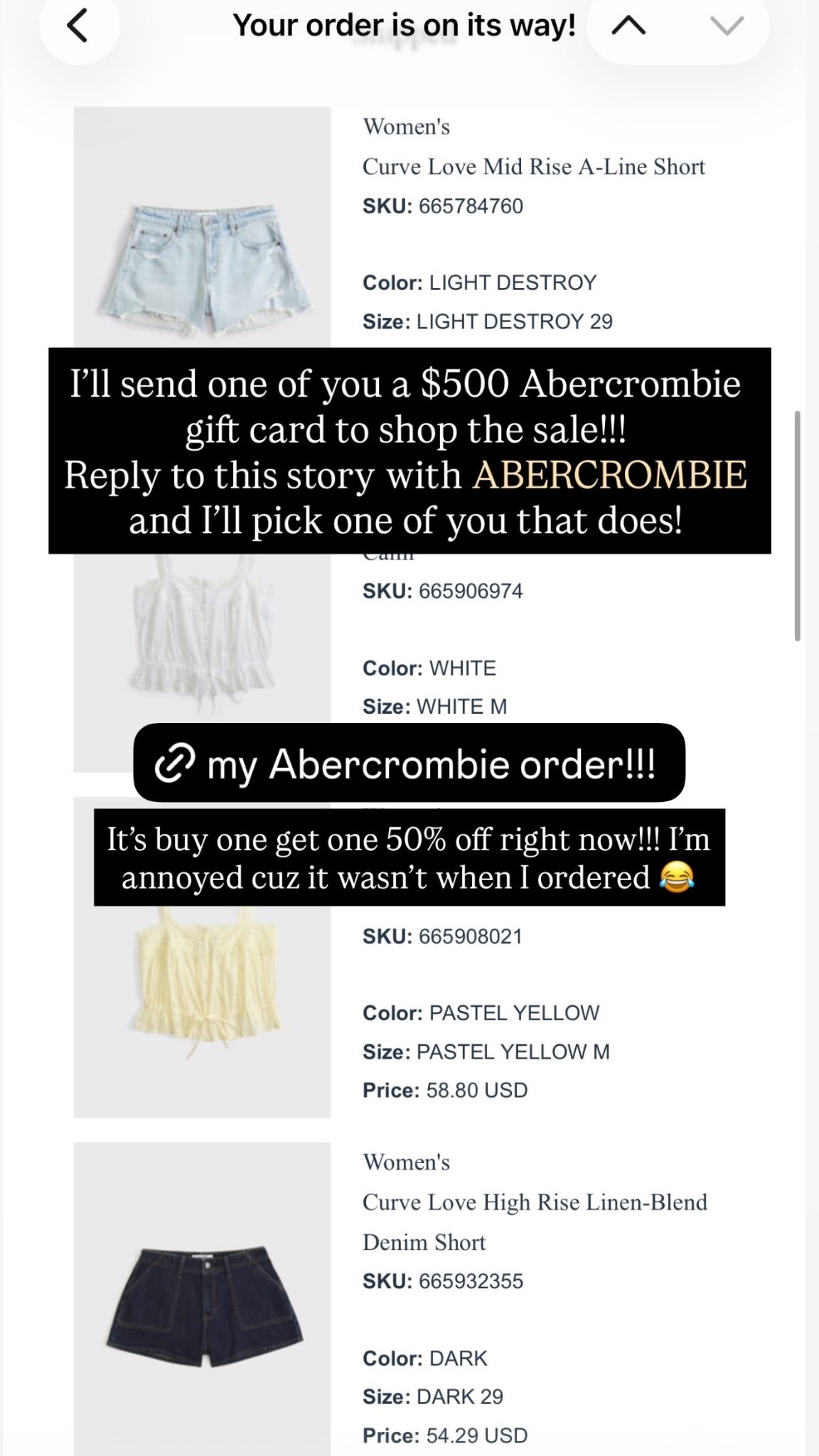 It’s buy one get one 50% off right now!!! I’m annoyed cuz it wasn’t when I ordered 😂 I’ll send one of you a $500 Abercrombie gift card to shop the sale!!! 
Reply to this story with ABERCROMBIE and I’ll pick one of you that does!