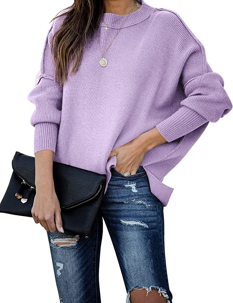 SERAIH Womens Batwing Sleeve Pullover Loose Side Split Oversized Solid Sweaters Drop Shoulder Slo... | Amazon (US)