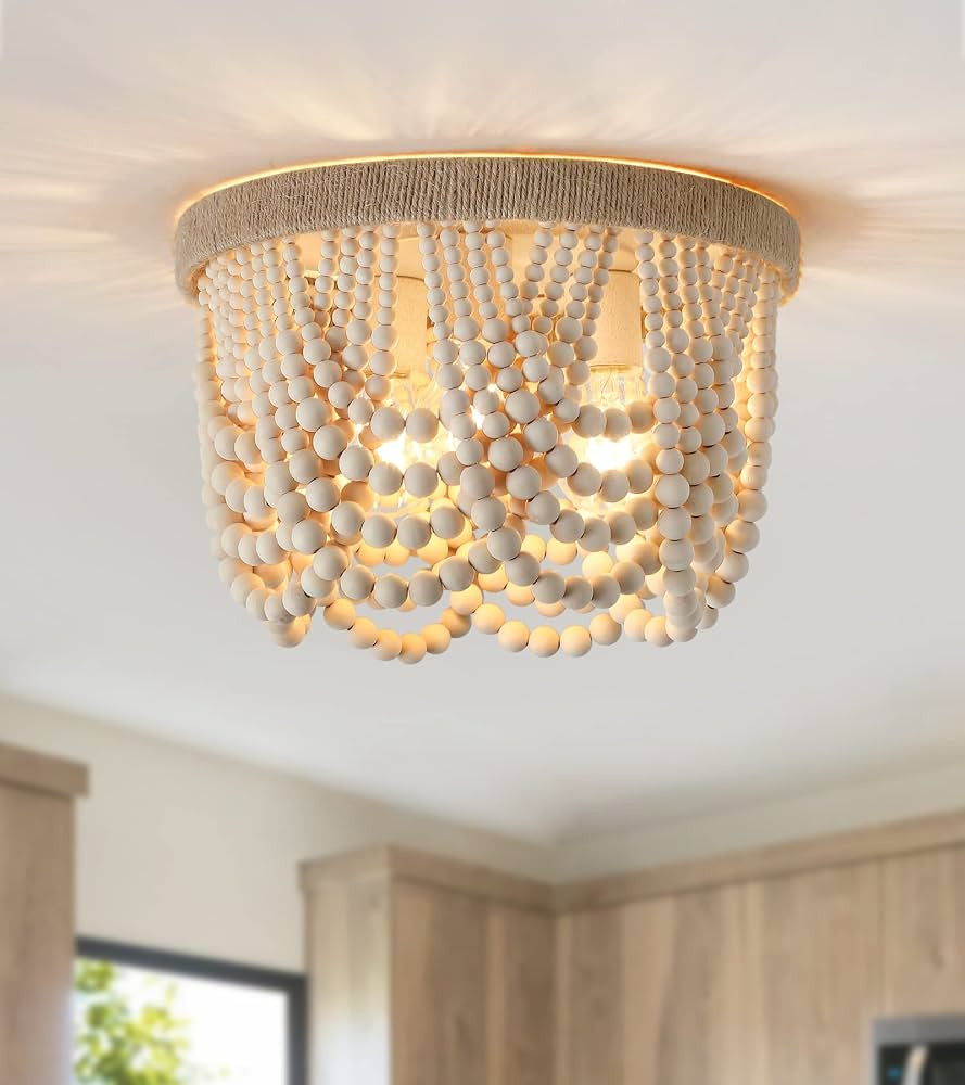 AMZASA Wood Beaded Flush Mount Ceiling Light Farmhouse Rustic Small Boho Chandelier Light Fixture... | Amazon (US)