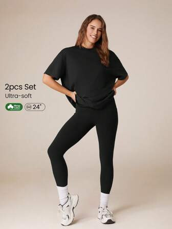 2 Pieces  Pima Cotton Hip Length Tee & 24'' FeatherFit™ Leggings Set With Side Pockets Low Imp... | Glowmode