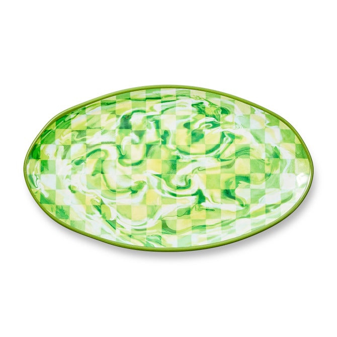 Green Marble Check Melamine Oval Platter | MacKenzie-Childs