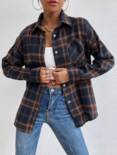 Tartan Print Drop Shoulder Blouse | SHEIN USA | SHEIN