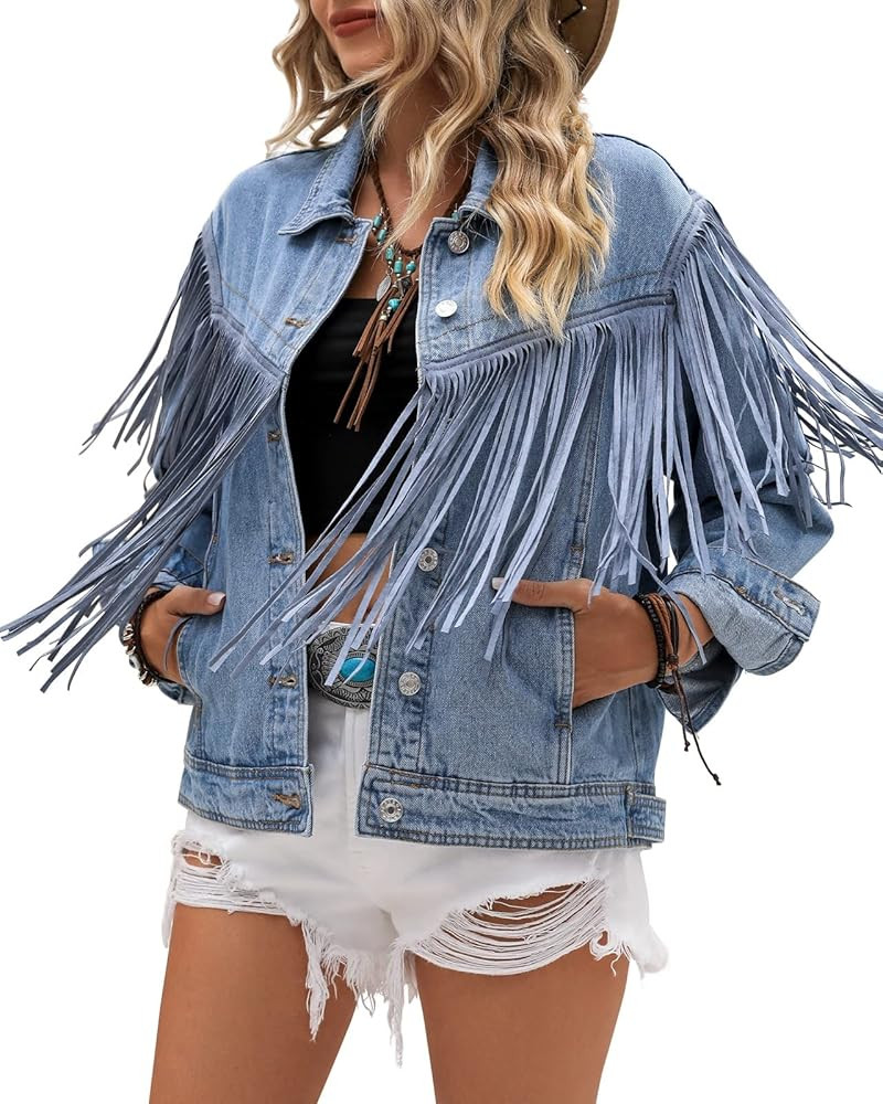 Vetinee Denim Jacket for Women Fringe Trucker Jean Jacket Distressed Western Cowgirl Shacket Jackets | Amazon (US)