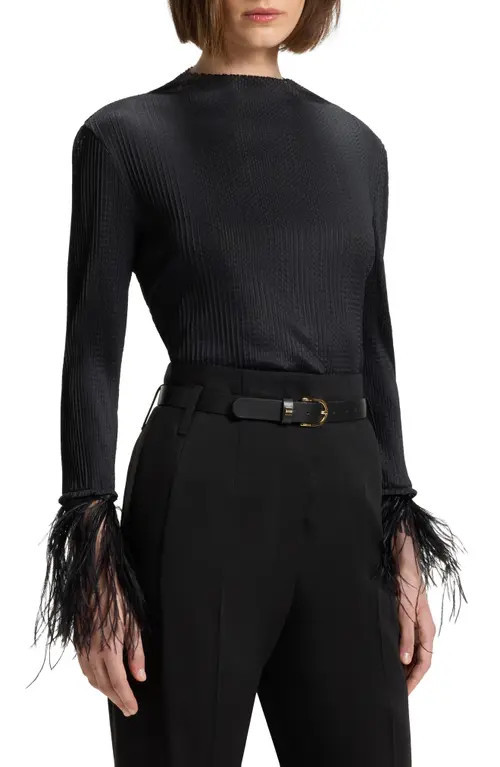BOSS Efedera Texture Feather Cuff Top in Black at Nordstrom, Size Small | Nordstrom