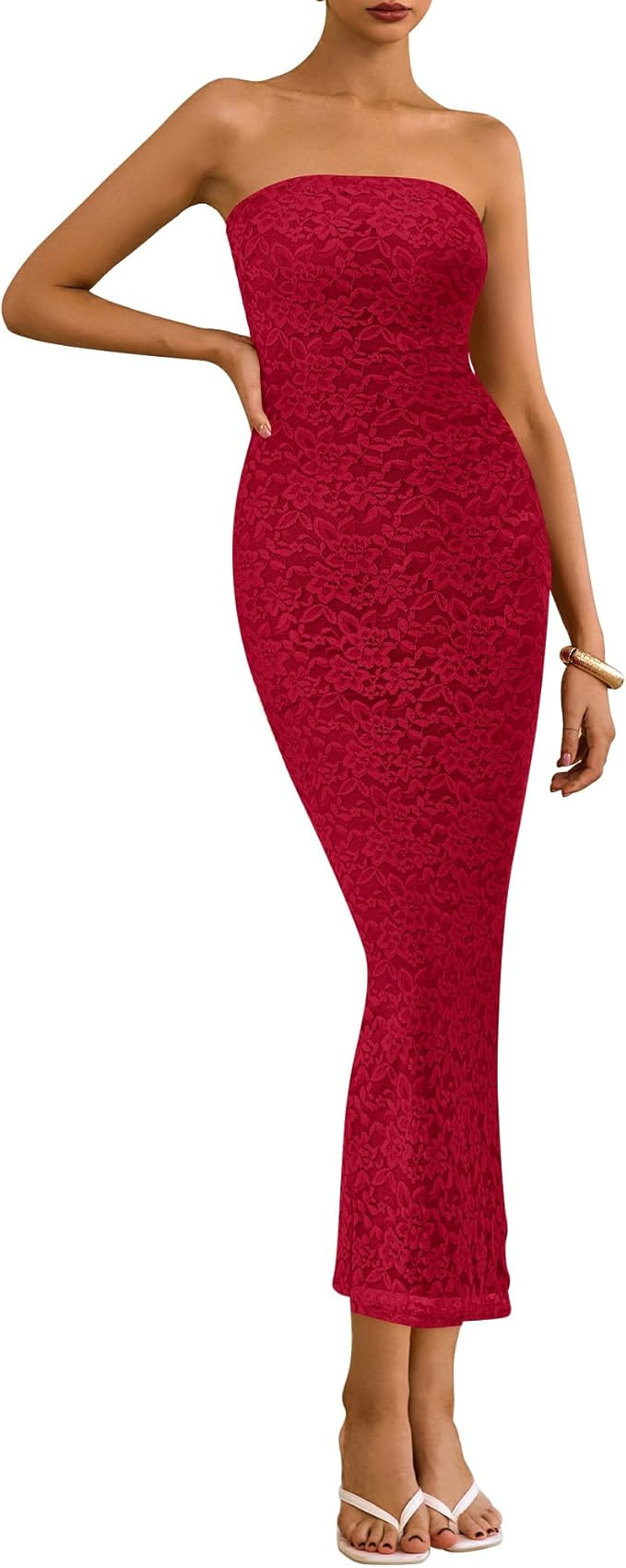 BTFBM Women Strapless Lace Formal Maxi Dress Summer Bodycon Tube Back Slit Cocktail Vacation Beac... | Amazon (US)