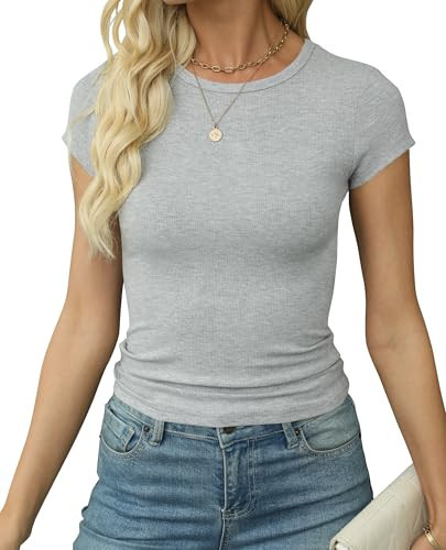 Artfish Women's Short Sleeve Shirts Crewneck Cropped Workout Slim Fitted Ribbed Casual Basic T-Shirts (Heather Grey, S) | Amazon (US)