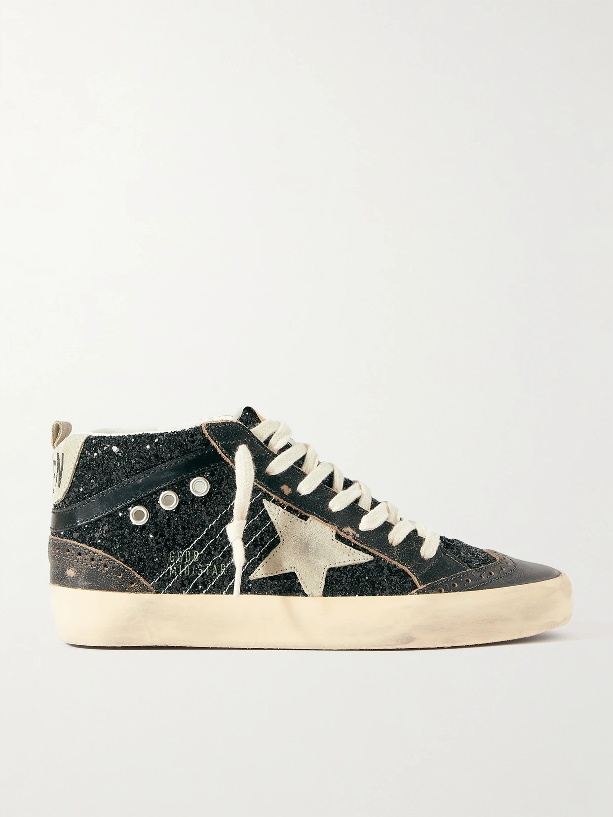 Golden Goose - Mid Star Suede And Leather-trimmed Distressed Glittered Faux Leather Sneakers - Black | NET-A-PORTER (US)