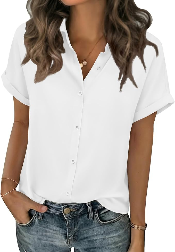 Zeagoo Short Sleeve Summer Tops for Women Casual Button Down Shirts Solid/Striped Business Work B... | Amazon (US)
