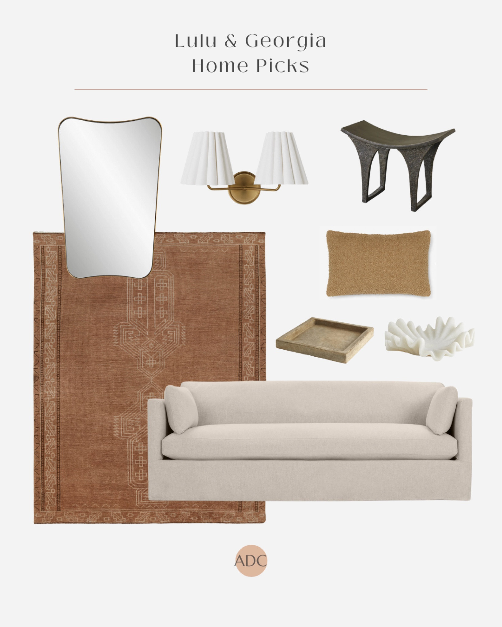 Home design. Home styling. Living room styling. Lulu & Georgia home furniture. Sofa. Vintage rug. Throw pillows. Ottoman. Wall sconces. Brass tapered mirror.  

#LTKfindsunder50 #LTKhome #LTKstyletip