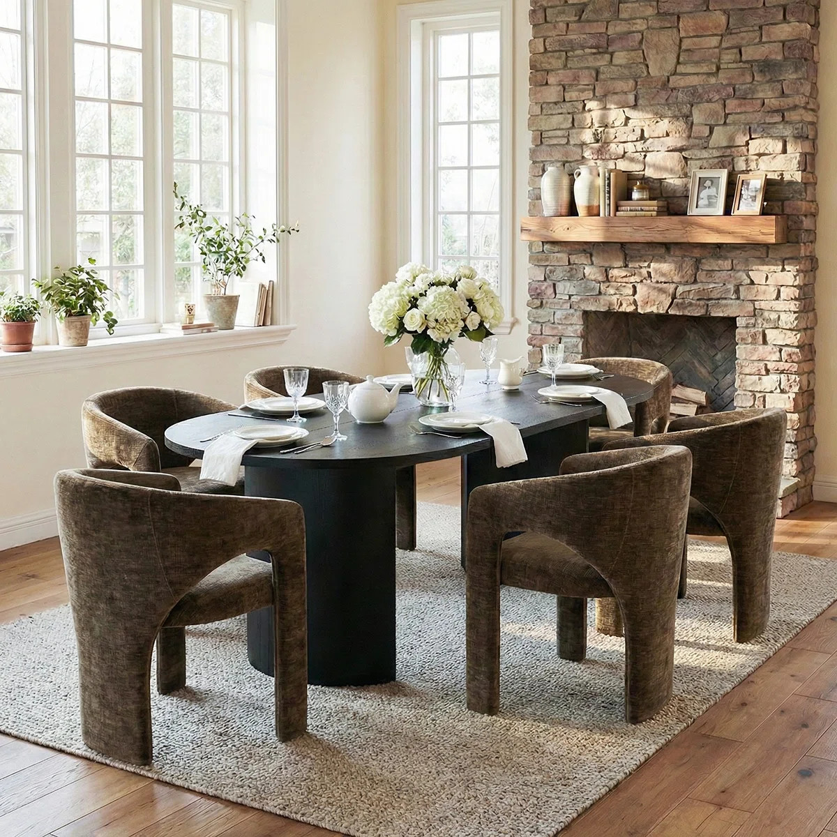 7 Piece Modern Dining Set With 79" Black Oval Pedestal Table & 6 Sculptural Wide-Seat Arm Chairs | Wayfair North America