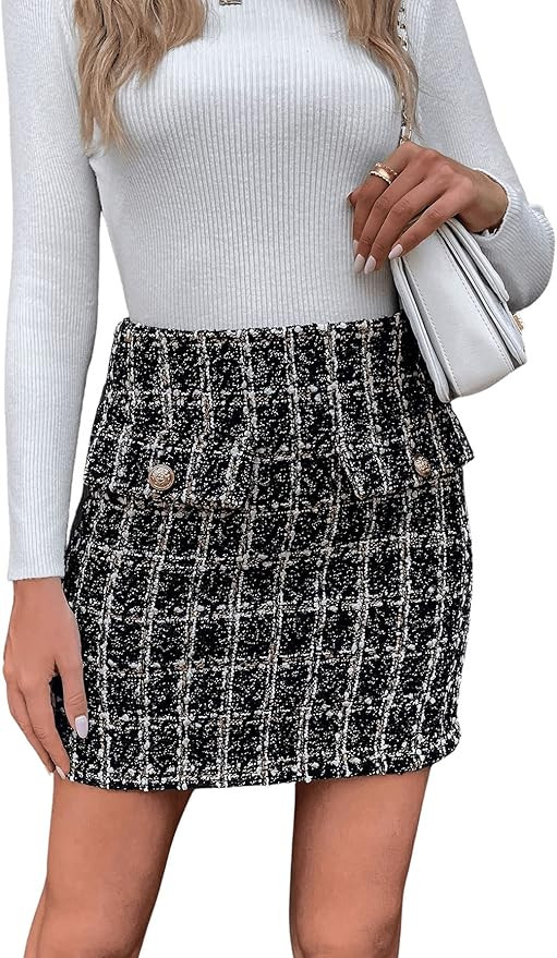 SweatyRocks Women's Elegant High Waist A-line Plaid Tweed Mini Skirt | Amazon (US)