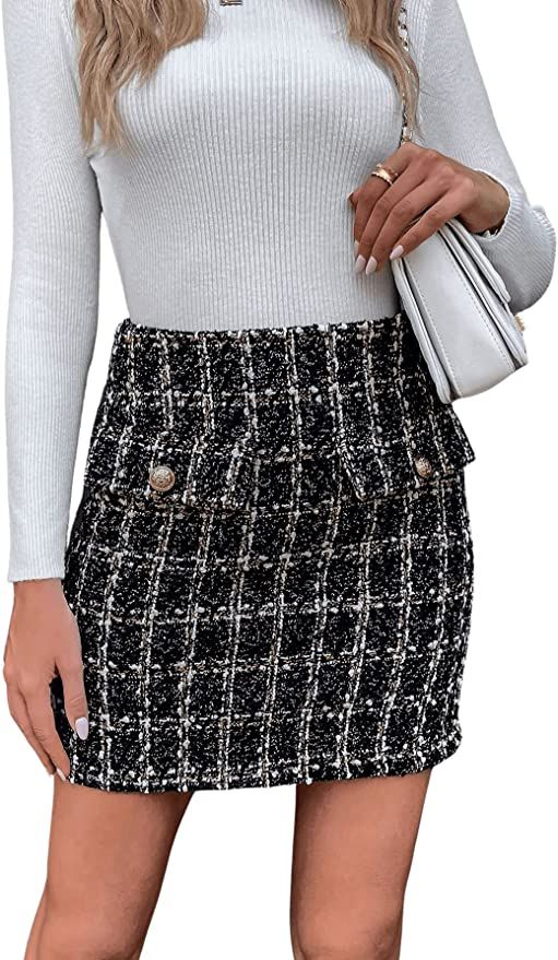 SweatyRocks Women's Elegant High Waist A-line Plaid Tweed Mini Skirt | Amazon (US)