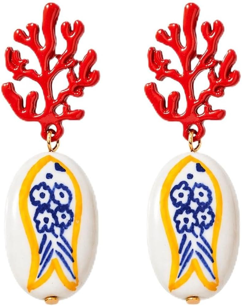 Red Summer Beach Earrings for Women, Cute Coral Lobster Fish & Blue Flower Ceramic Y2k Drop Earri... | Amazon (US)