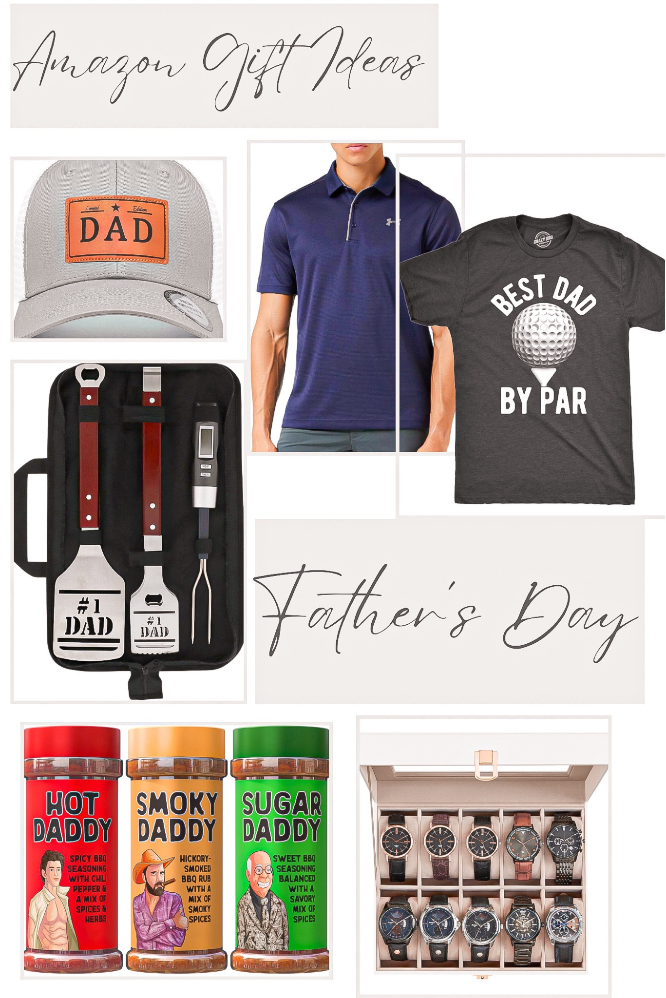 Amazon gift ideas 
Father’s Day 

Baseball cap, men’s hat, men’s work wear, men’s polo, men’s graphic tee, grill tools, bbq seasonings , watch organizer , men’s gift guide, gift for him 

#LTKGiftGuide #LTKFindsUnder50 #LTKMens