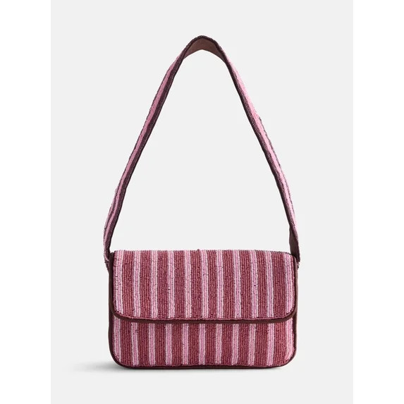 Free Assembly Women's Beaded Striped Flap Shoulder Bag, Pink | Walmart (US)