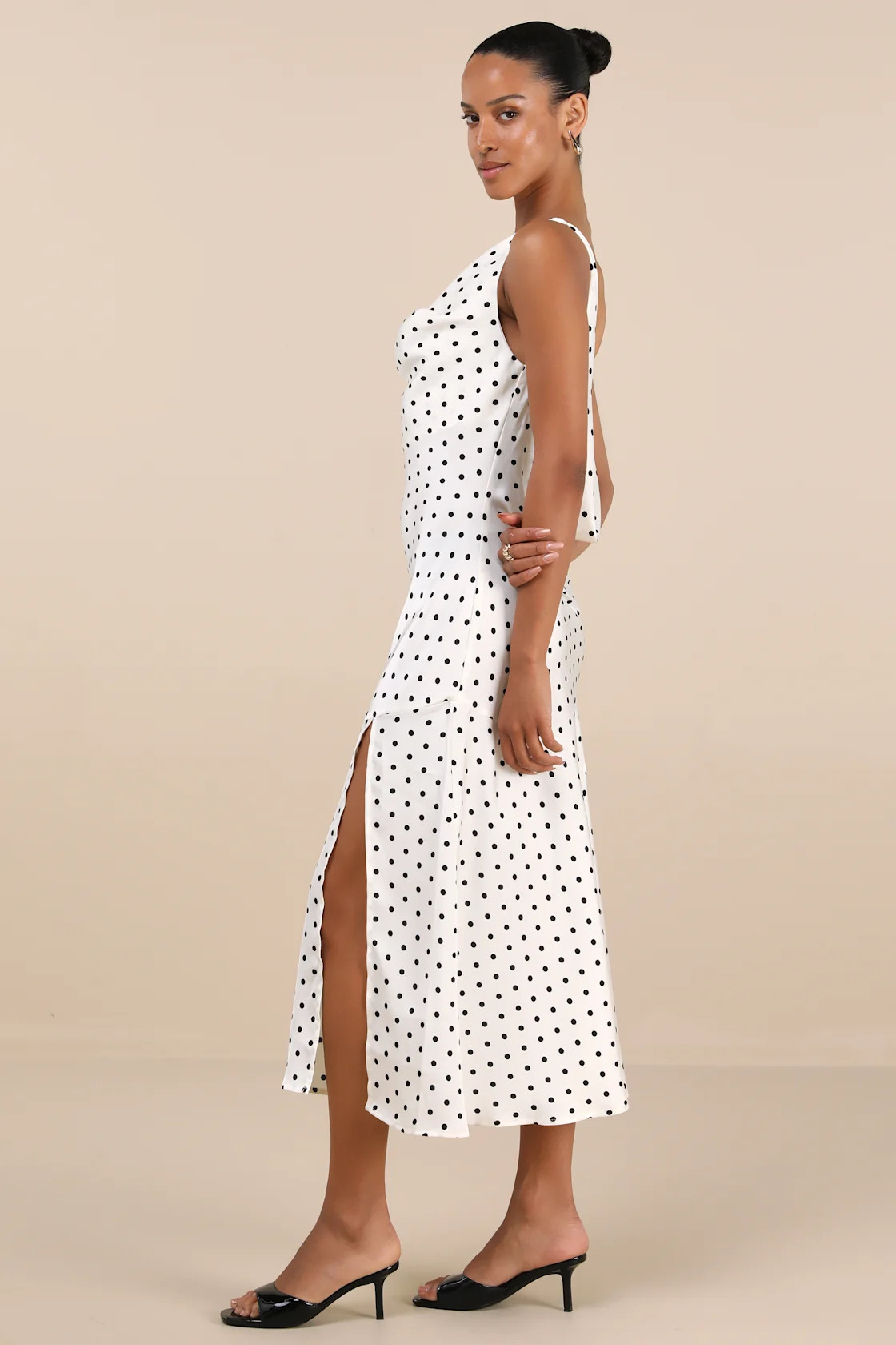 Matea White Polka Dot Satin Cowl Tie-Back Midi Dress | Lulus