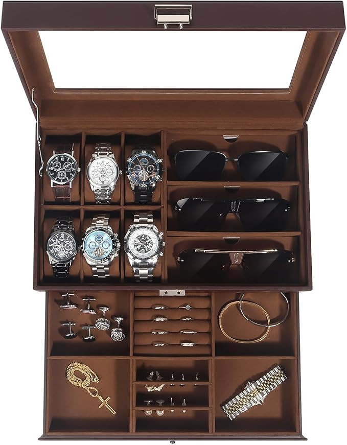 Watch Jewelry Box Organizer, 6-Slot 2-Layer Watch Case and Sunglasses Storage with Large Glass Li... | Amazon (US)