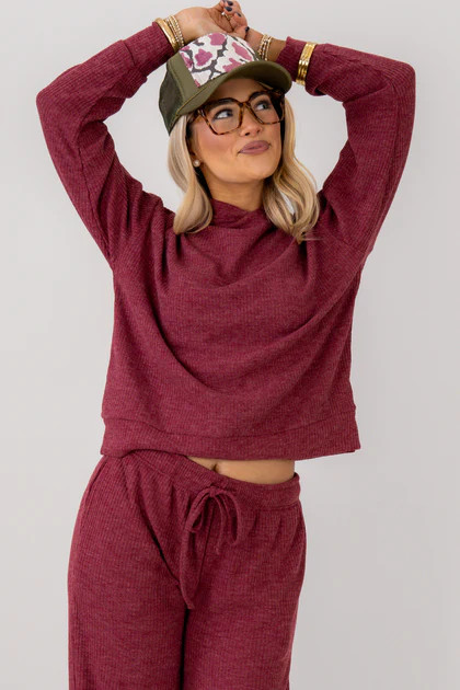 Looking Back Cabernet Ribbed Hooded Long Sleeve Top | The Willow Tree