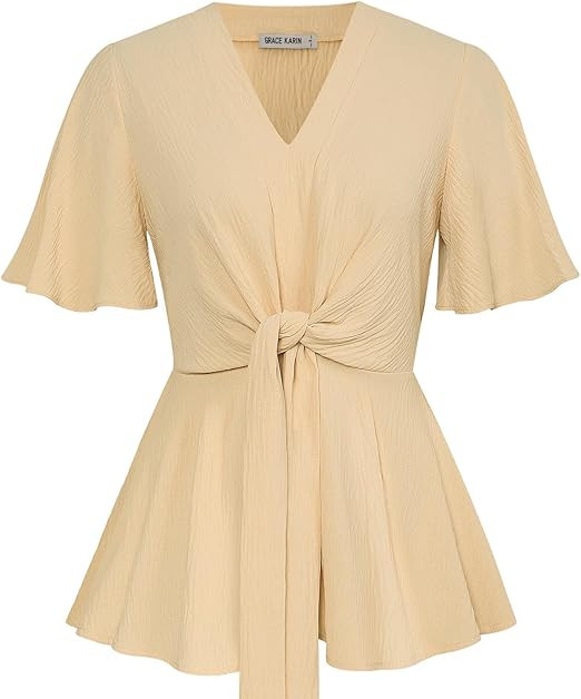 GRACE KARIN 2024 Women's Elegant V Neck Peplum Tops Tie Front Short Bell Sleeve Shirts Tops Blous... | Amazon (US)